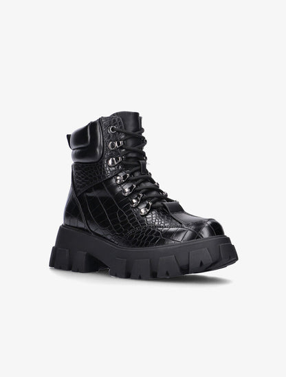 Boots grunge effet croco à semelle stylisée - Noir - 2