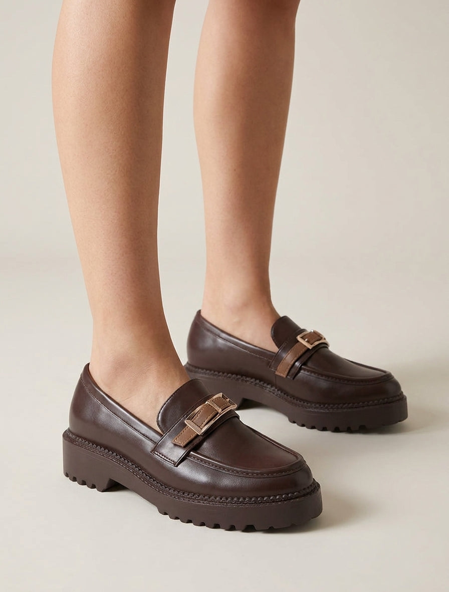 Mocasines con suela dentada y hebilla metálica. - Marrón