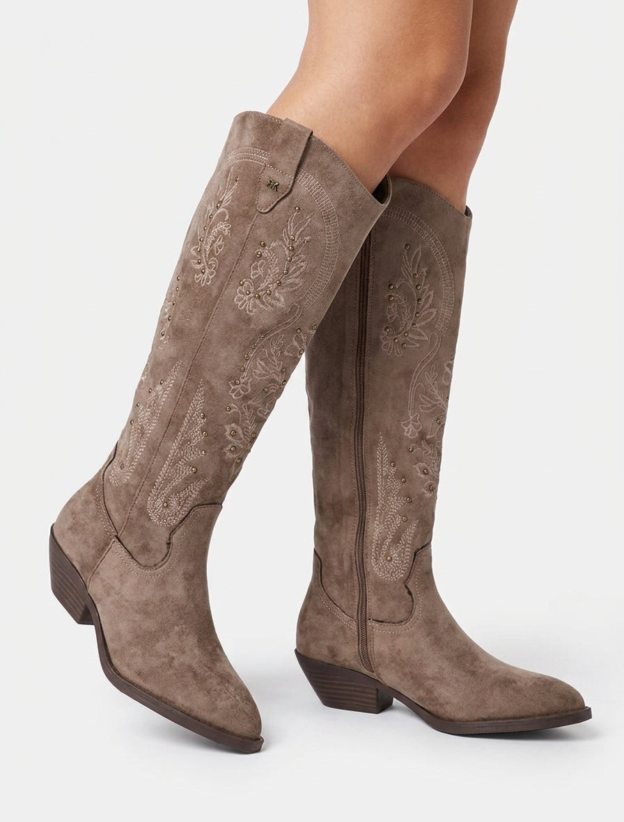 Botas de ante estilo vaquero con tachuelas - Topo