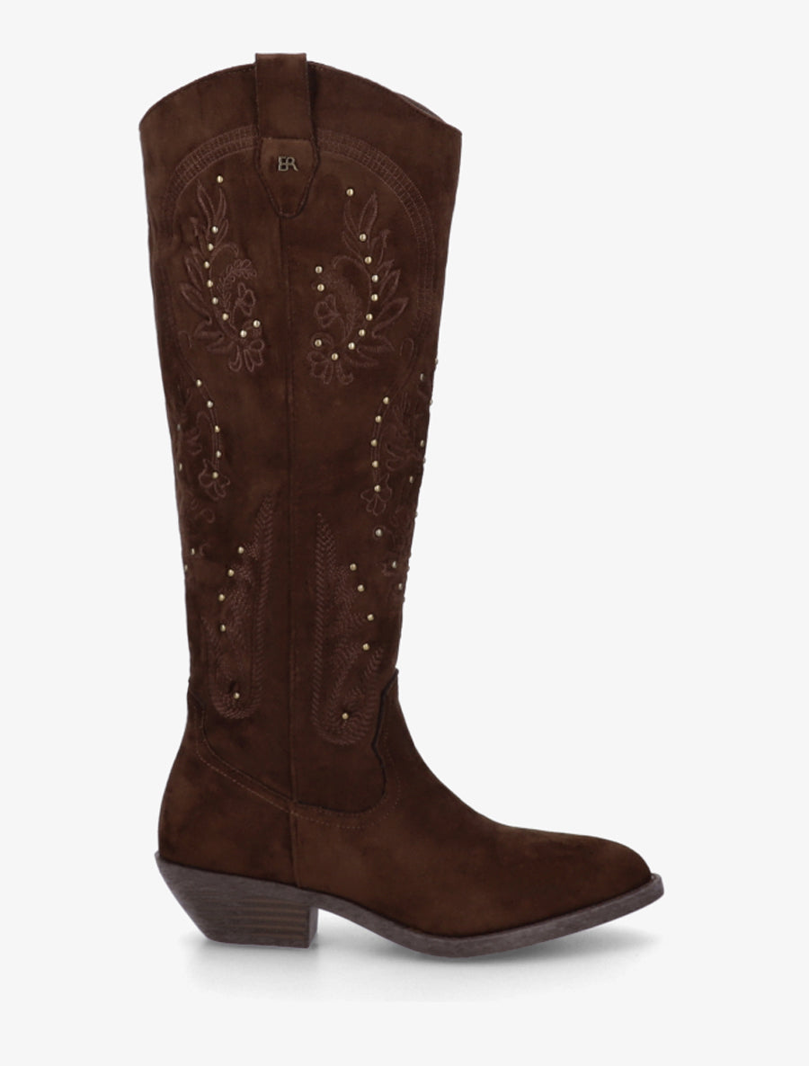 Bottes en suédine style santiags à clous - Marron - 1