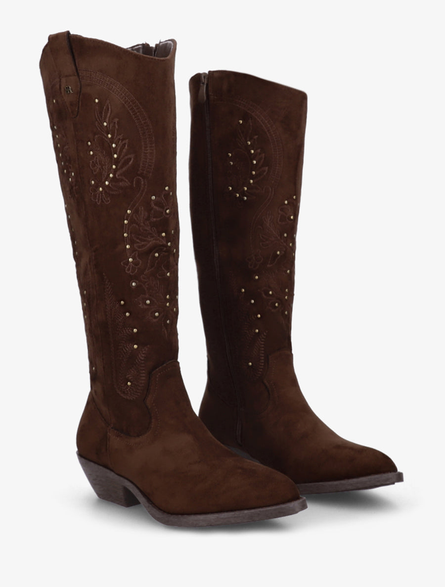 Bottes en suédine style santiags à clous - Marron - 4