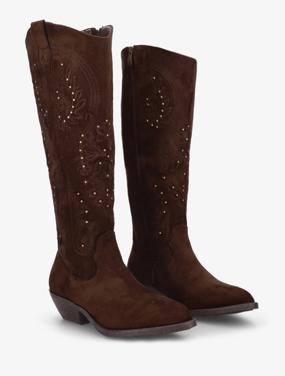 Bottes en suédine style santiags à clous - Marron - 4