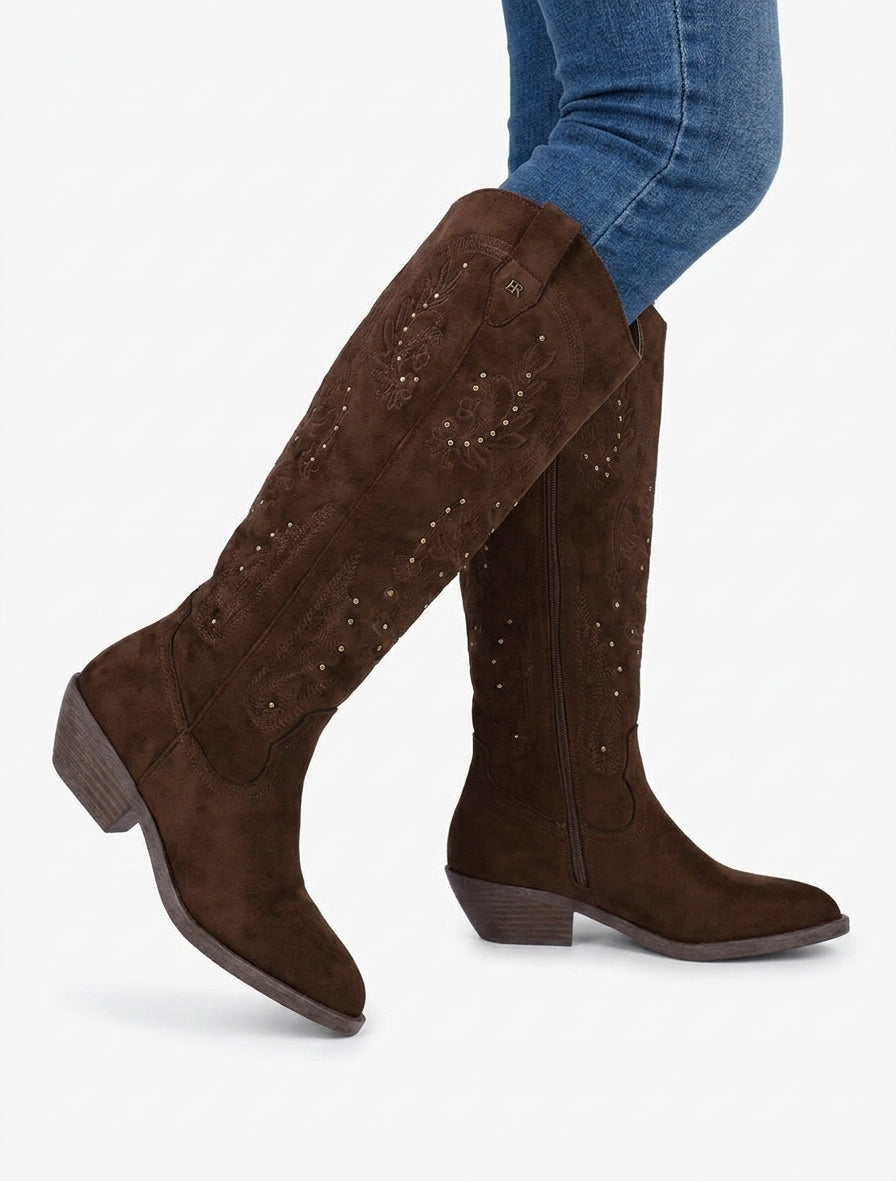 Botas de ante estilo vaquero con tachuelas - Marrón