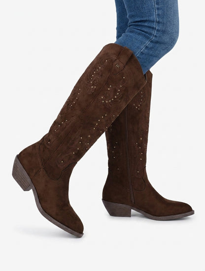 Botas de ante estilo vaquero con tachuelas - Marrón