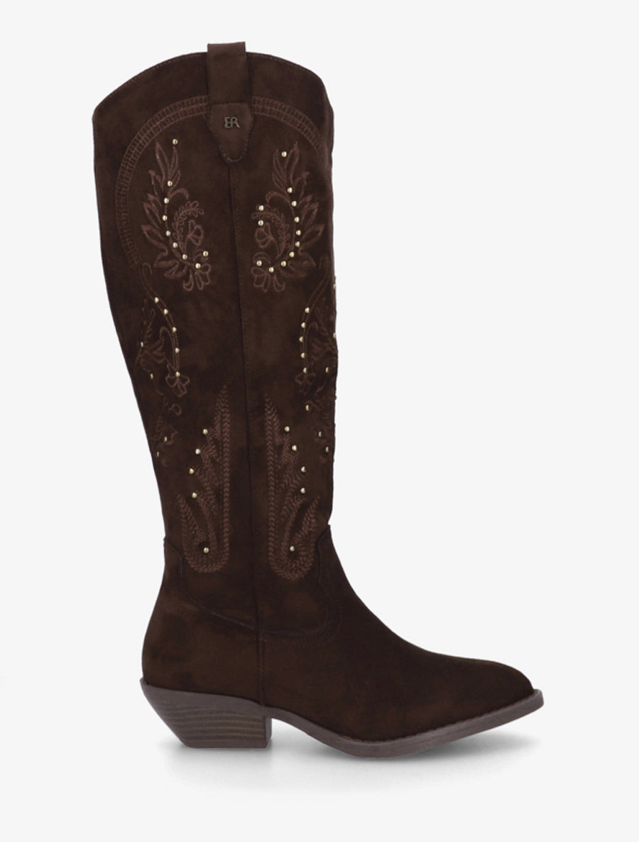 Bottes en suédine style santiags à clous - Chocolat - 1