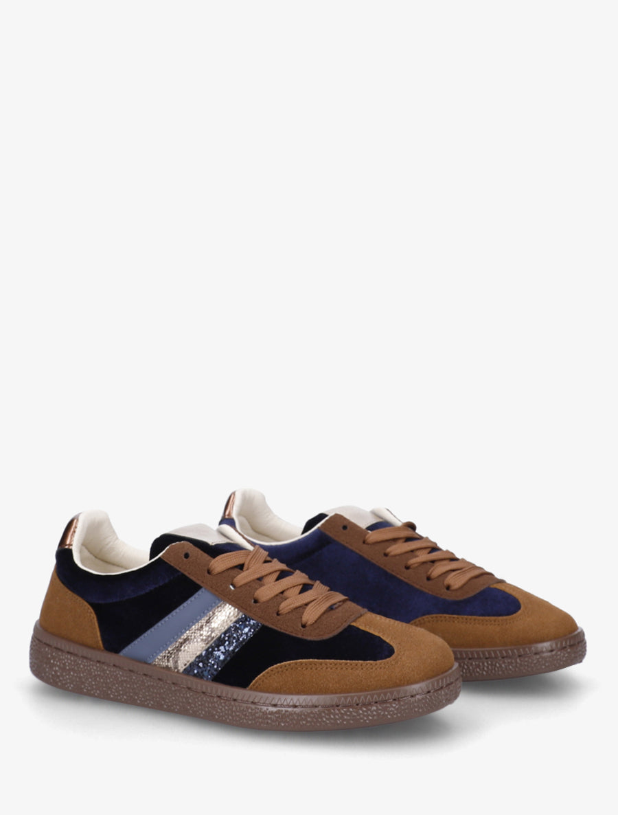 Sneakers à empiècement velours et semelle texturée - Marine - 4