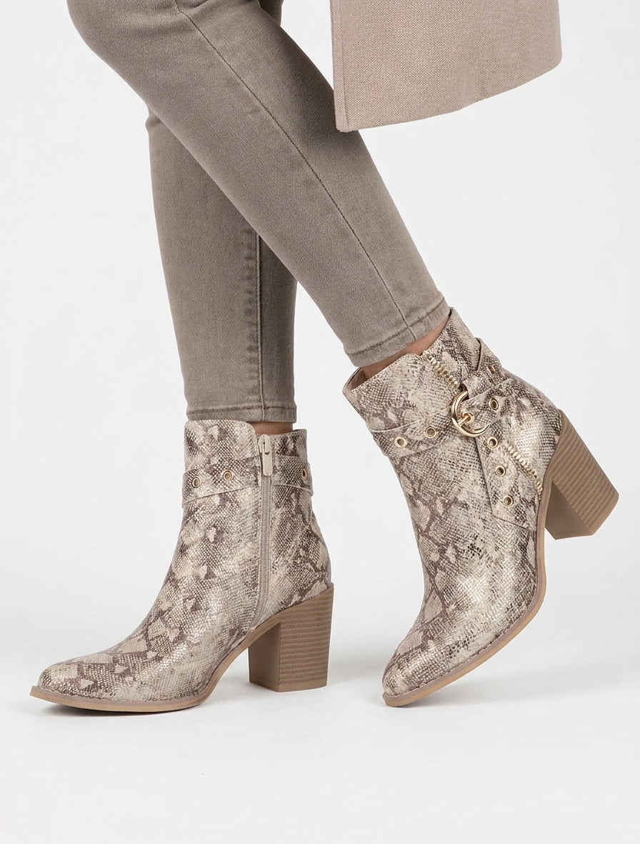 Botines de estampado de pitón con punta puntiaguda - Topo