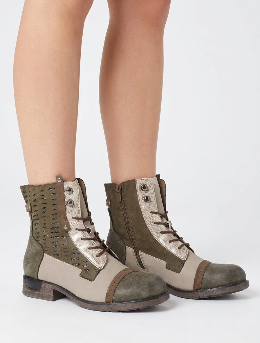 Botines con cordones irisadas con perforaciones - Caqui