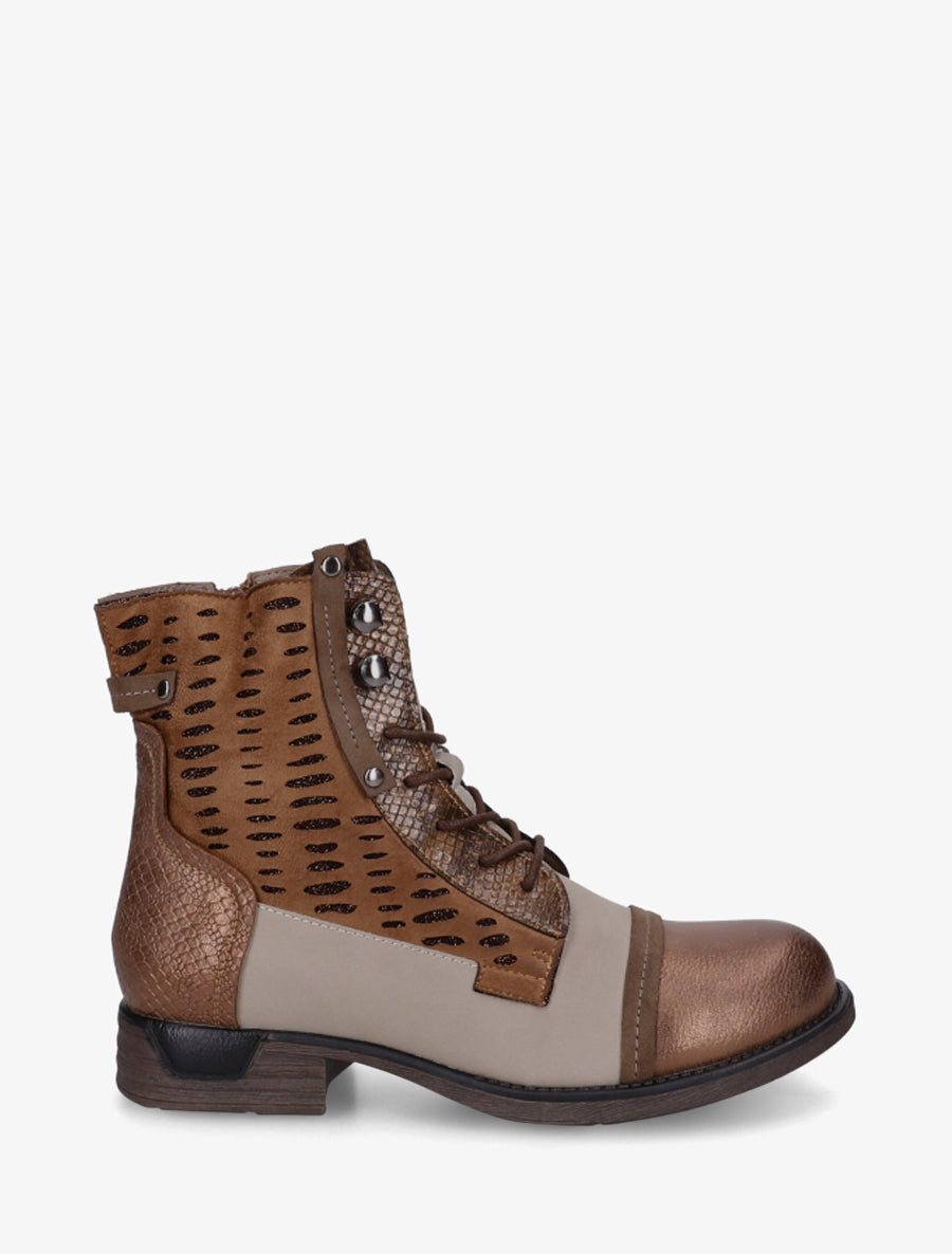 Bottines lacées irisées à perforations - Camel - 1