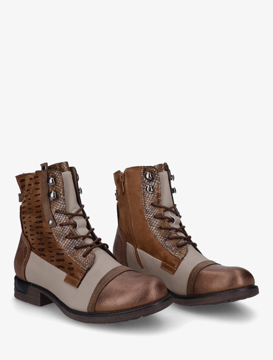 Bottines lacées irisées à perforations - Camel - 4