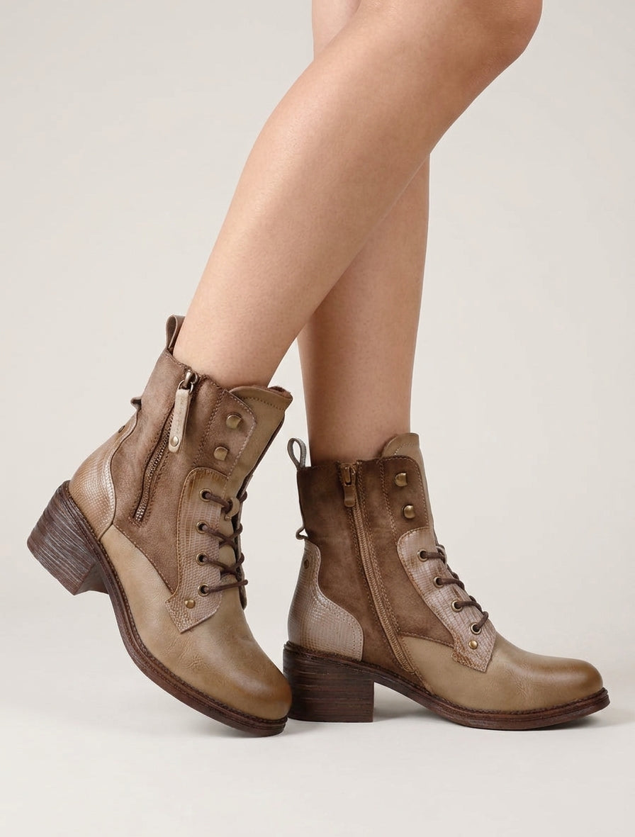 Botines con cordones y cremallera decorativa - Topo