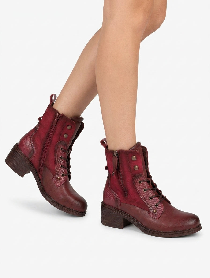 Botines con cordones y cremallera decorativa - Rojo