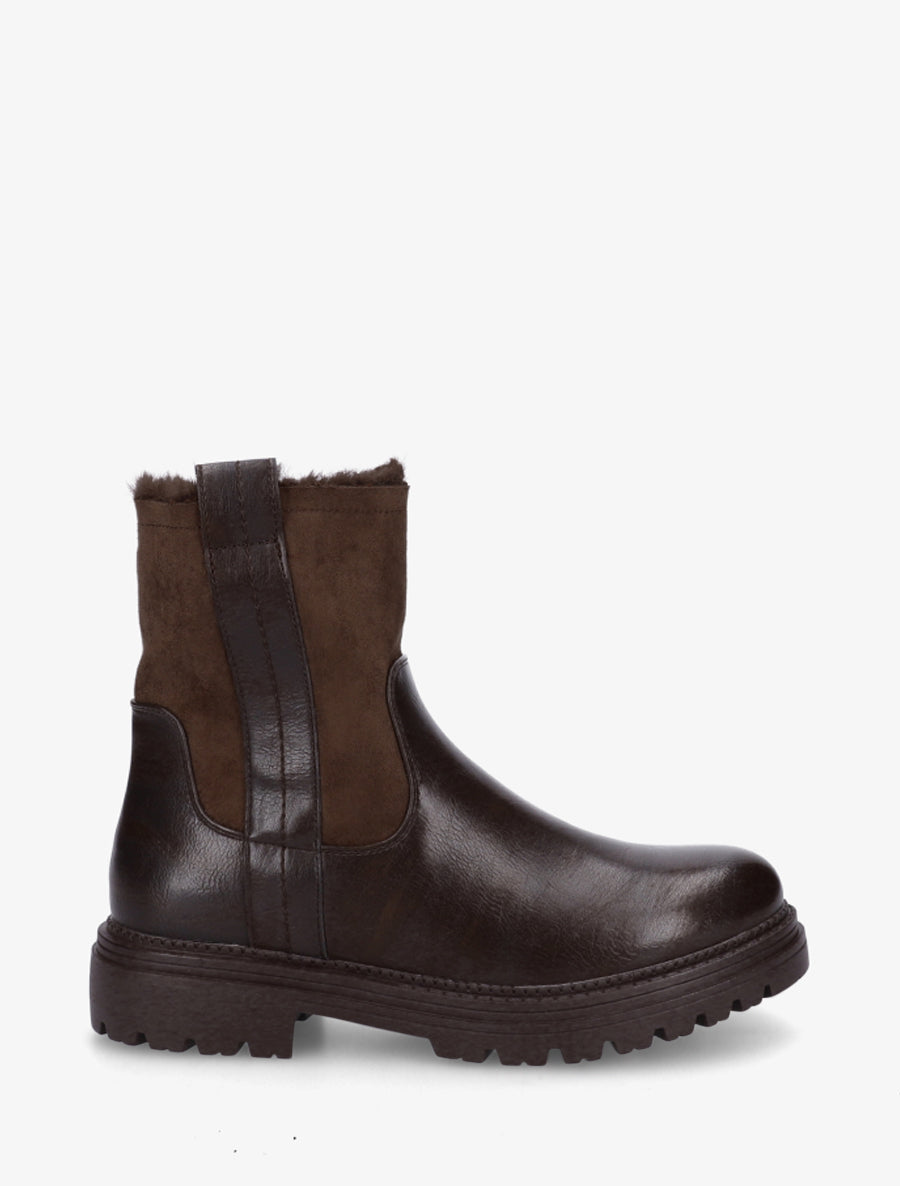 Bottines fourrées en simili et suédine - Marron - 1