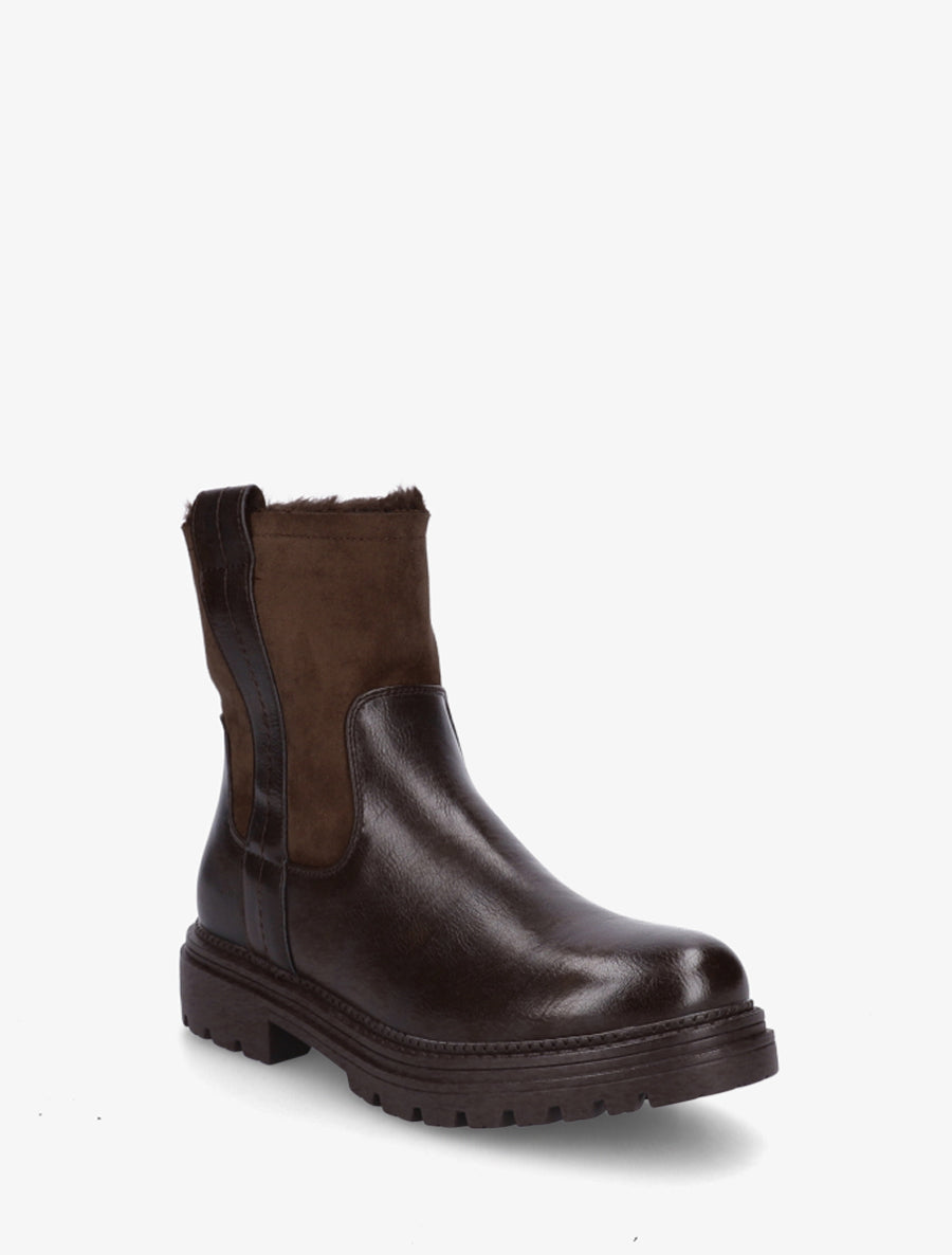Bottines fourrées en simili et suédine - Marron - 2