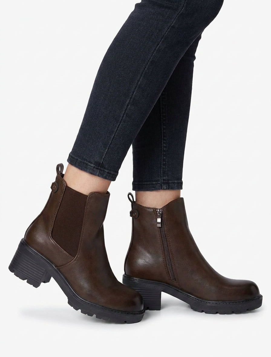 Botines elásticas de imitación con suela dentada - Marrón