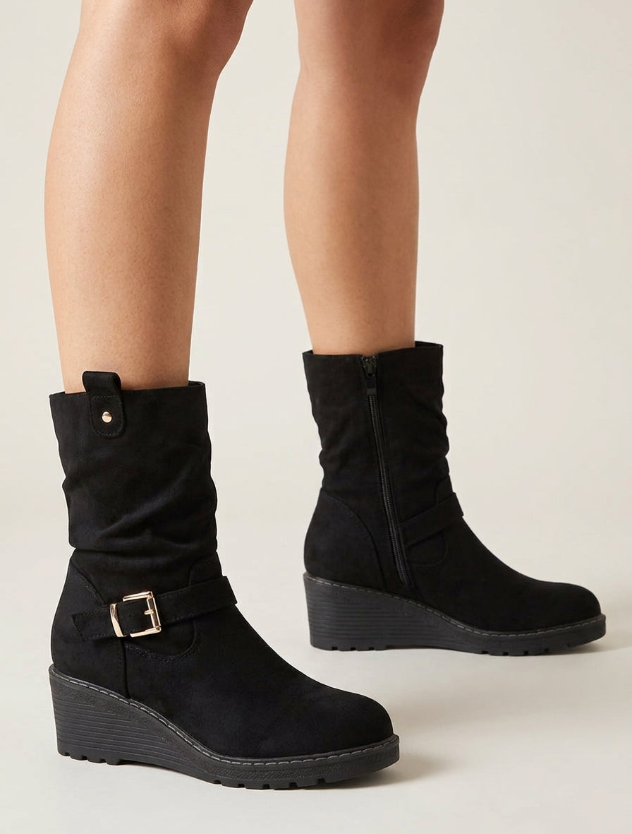 Botines altas con cuña efecto fruncido - Negro