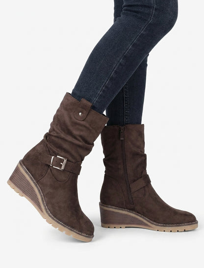 Botines altas con cuña efecto fruncido - Marrón
