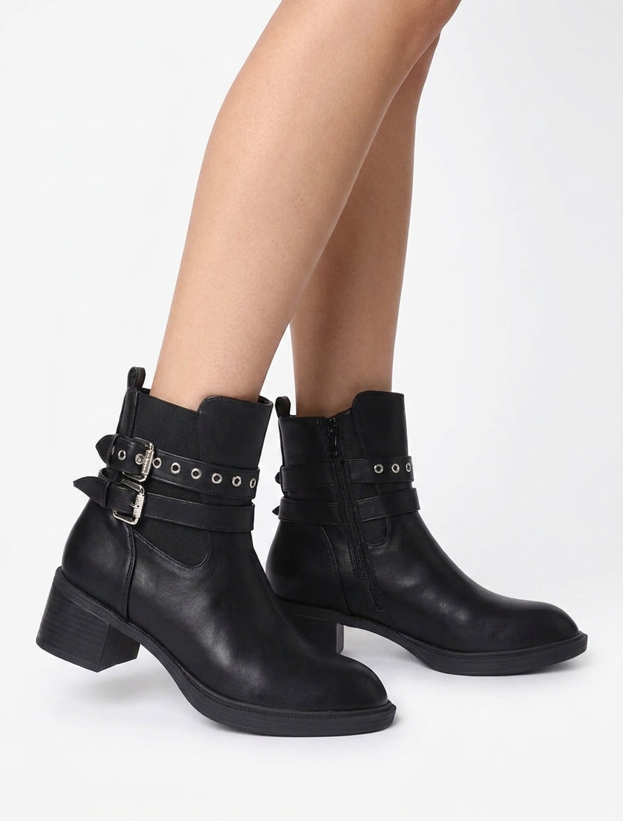 Botines elásticas con doble correas - Negro