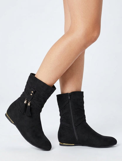 Botines altas de ante con pompones - Negro