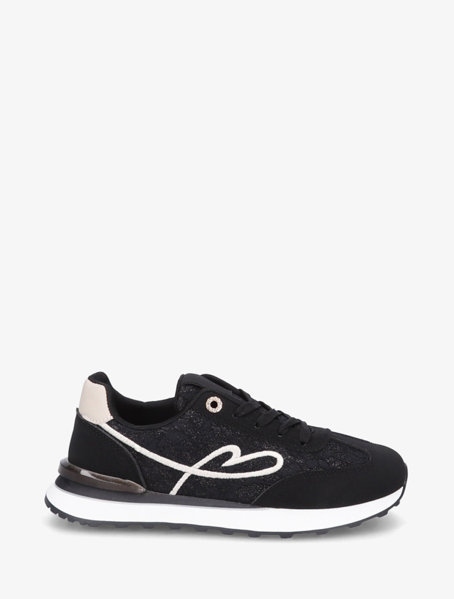 Baskets effet nubuck et dentelle pailletée - Noir - 1