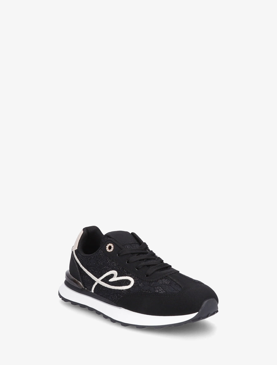 Baskets effet nubuck et dentelle pailletée - Noir - 2