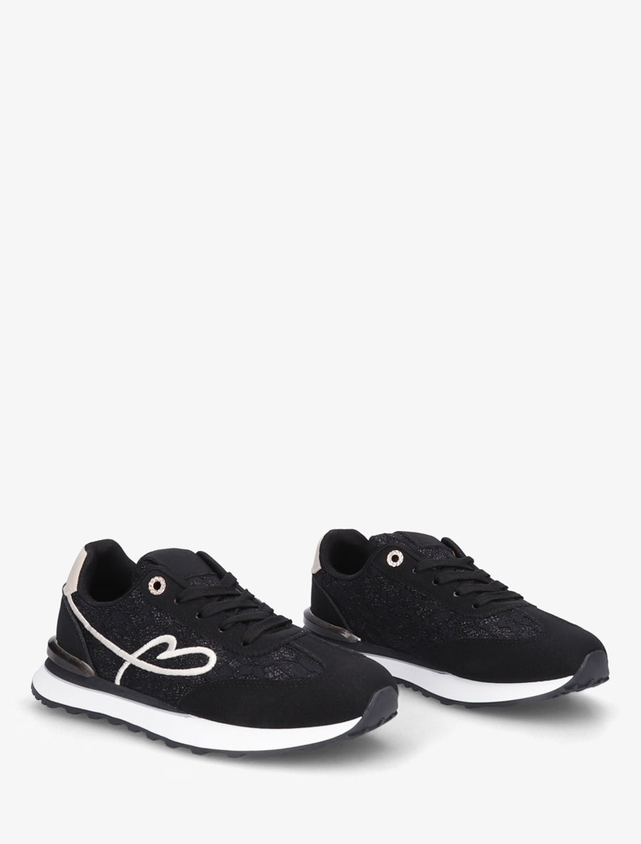 Baskets effet nubuck et dentelle pailletée - Noir - 4