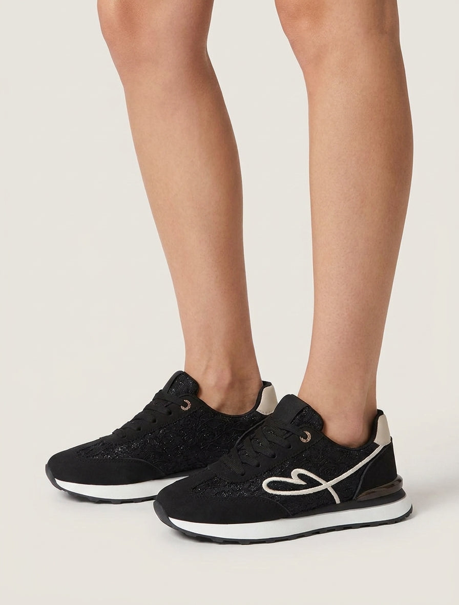 Zapatillas efecto nobuk y encaje con purpurina - Negro