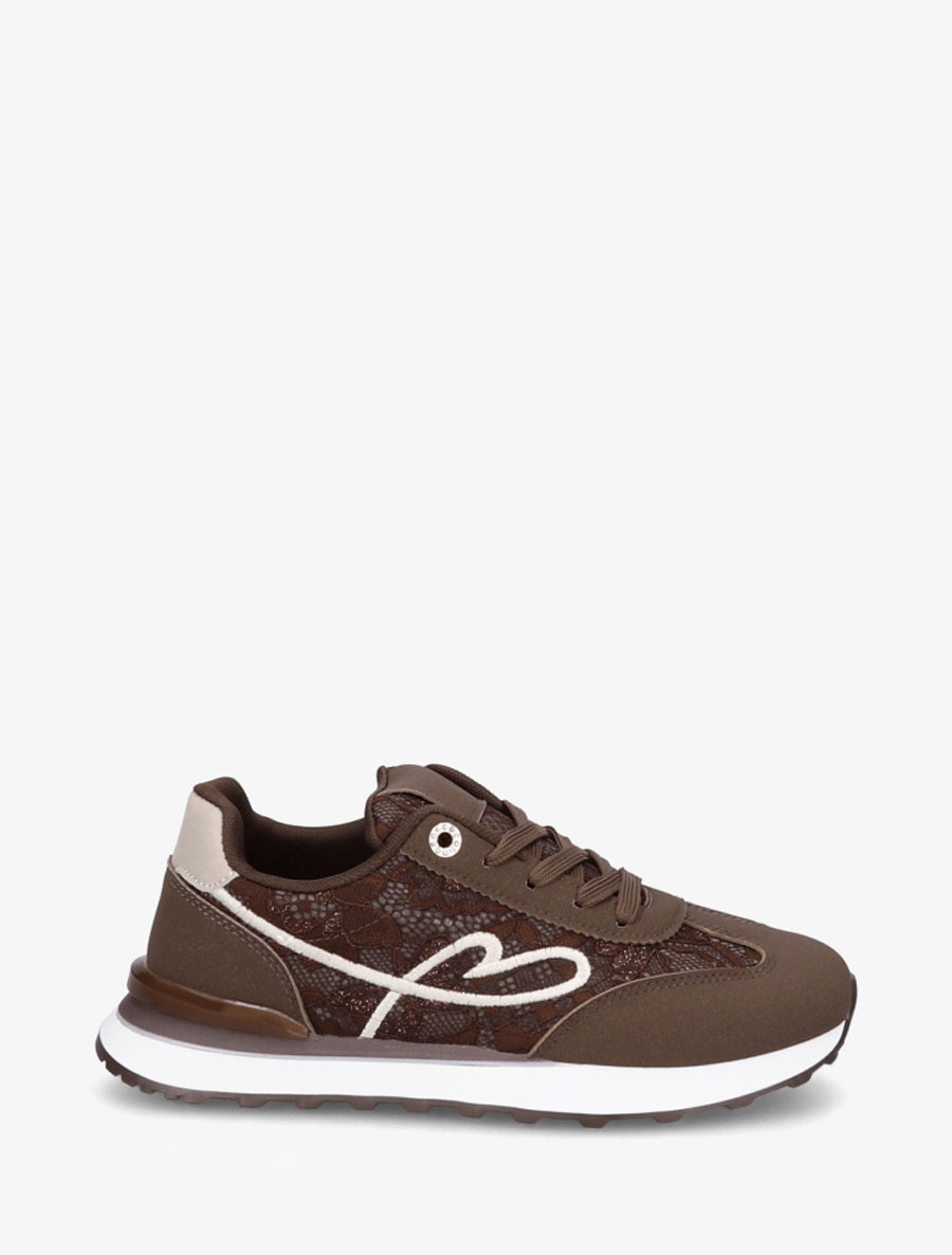 Basketseffet nubuck et dentelle pailletée - Marron - 1