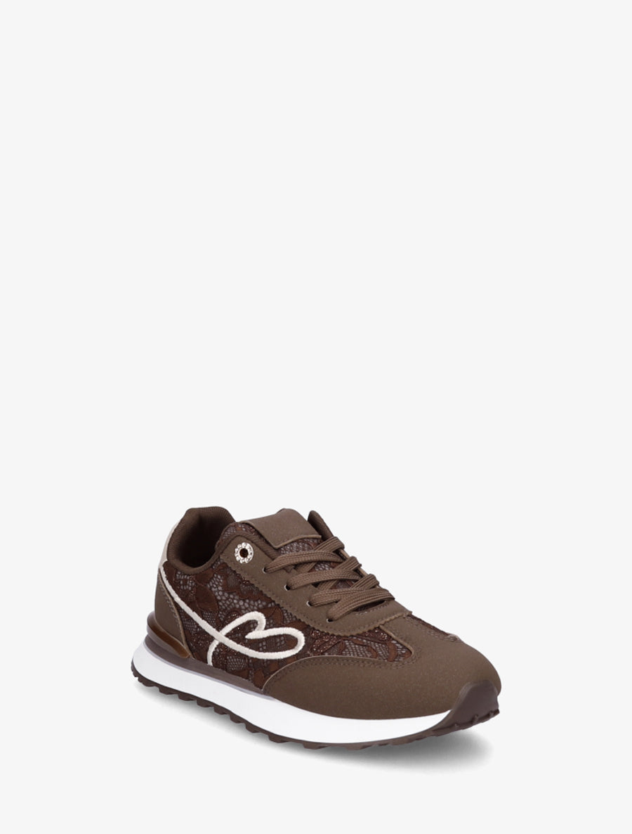 Basketseffet nubuck et dentelle pailletée - Marron - 2