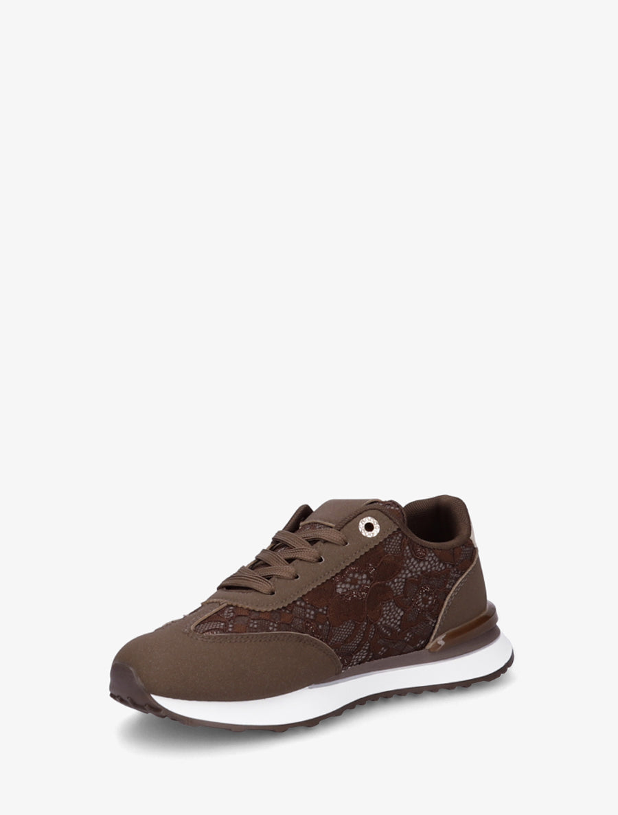 Basketseffet nubuck et dentelle pailletée - Marron - 3
