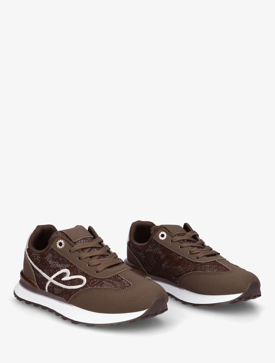 Basketseffet nubuck et dentelle pailletée - Marron - 4
