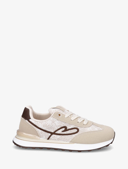 Baskets effet nubuck et dentelle pailletée - Beige - 1