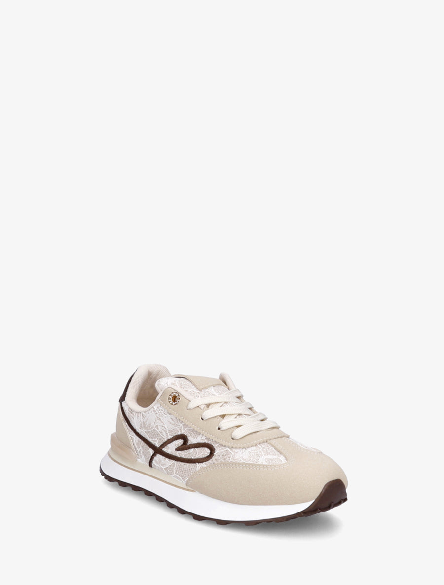 Baskets effet nubuck et dentelle pailletée - Beige - 2