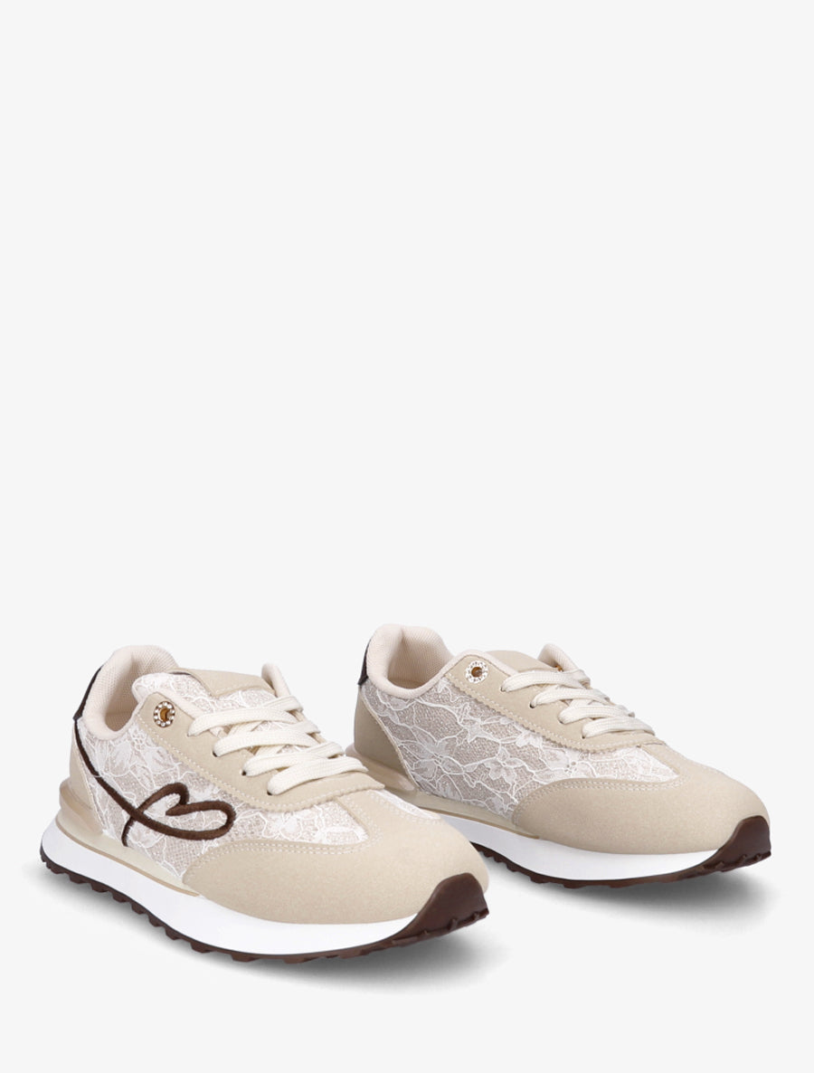 Baskets effet nubuck et dentelle pailletée - Beige - 4