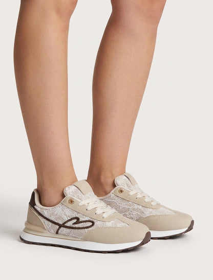 Zapatillas efecto nobuk y encaje con purpurina - Beis