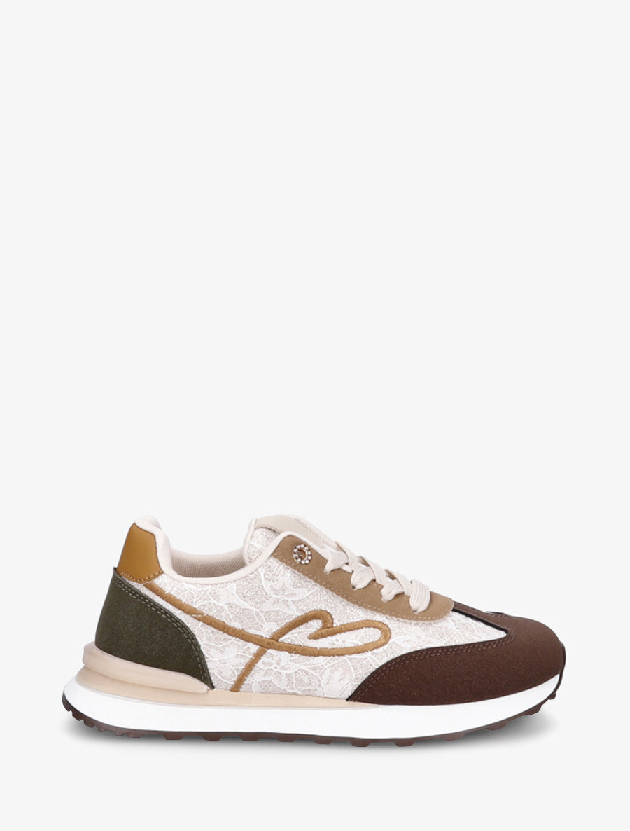 Baskets effet nubuck et dentelle pailletée - Beige/marron - 1
