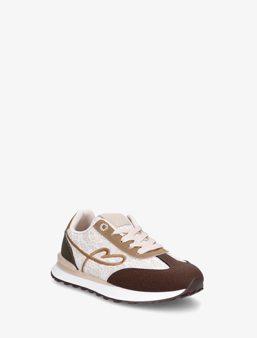 Baskets effet nubuck et dentelle pailletée - Beige/marron - 2