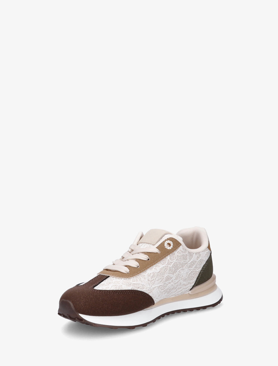 Baskets effet nubuck et dentelle pailletée - Beige/marron - 3