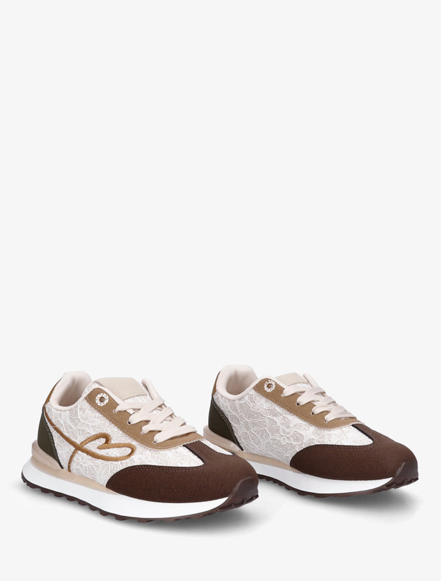 Baskets effet nubuck et dentelle pailletée - Beige/marron - 4