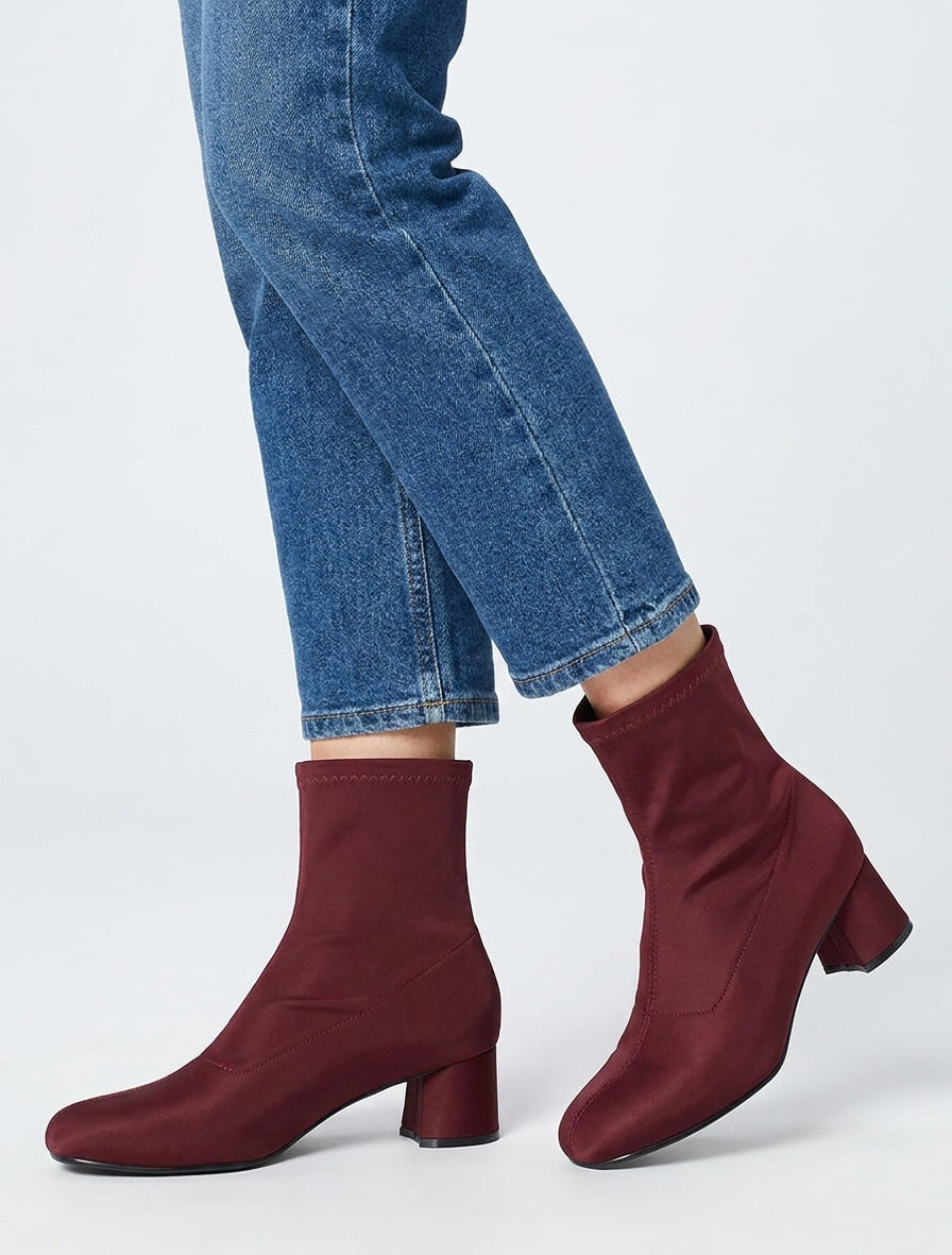 Botines de tela efecto satinado estilo calcetín - Burdeos