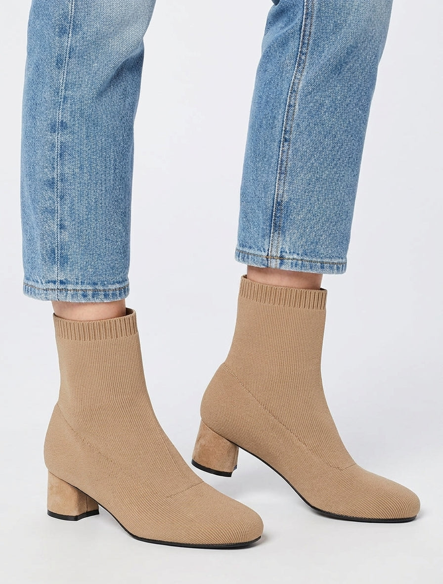 Botines estilo calcetín de tejido acanalado - Camello