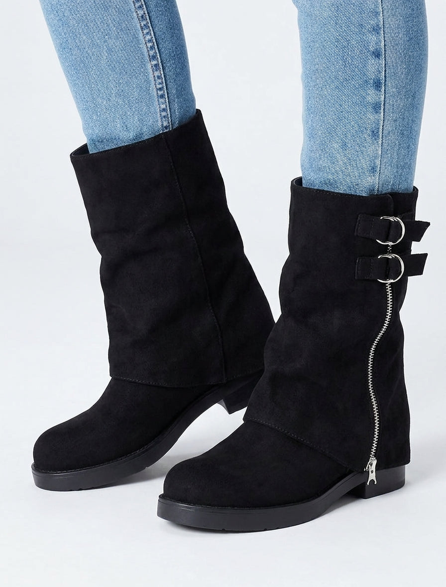 Botines invertidas de ante con cremallera decorativa - Negro