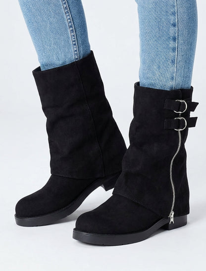 Botines invertidas de ante con cremallera decorativa - Negro