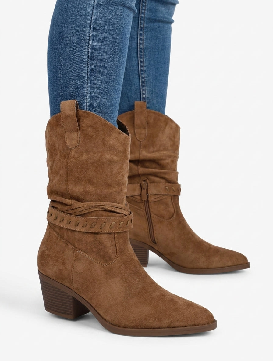 Botines de ante estilo vaquero - Camello