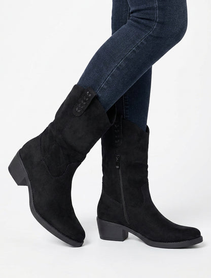 Botines de ante con punta redonda - Negro