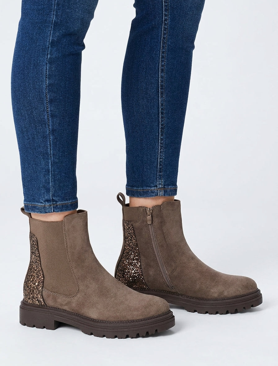 Botines de ante con contrafuerte de lentejuelas - Topo oscuro