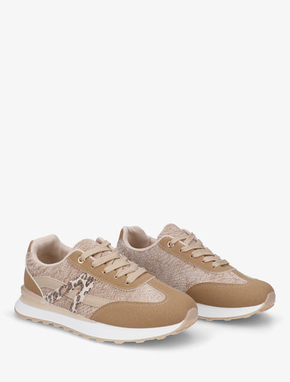 Baskets effet nubuck et tissu empiècement en V léopard - Beige foncé - 4