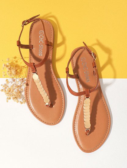 Nu-pieds bride en T à bijoux - Camel - 6