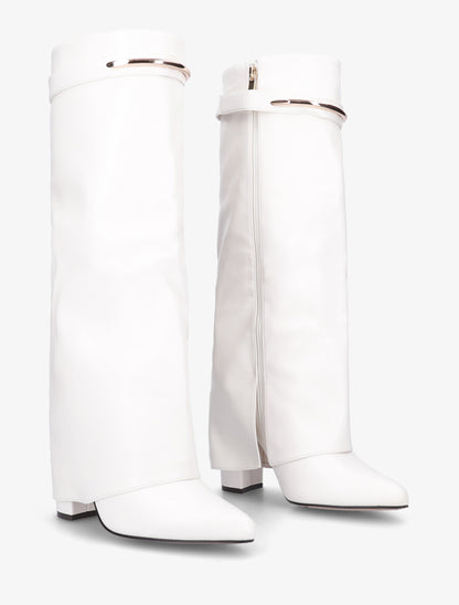 Bottes fourreau en simili avec sangle amovible à empiècement métallique - Blanc - 4