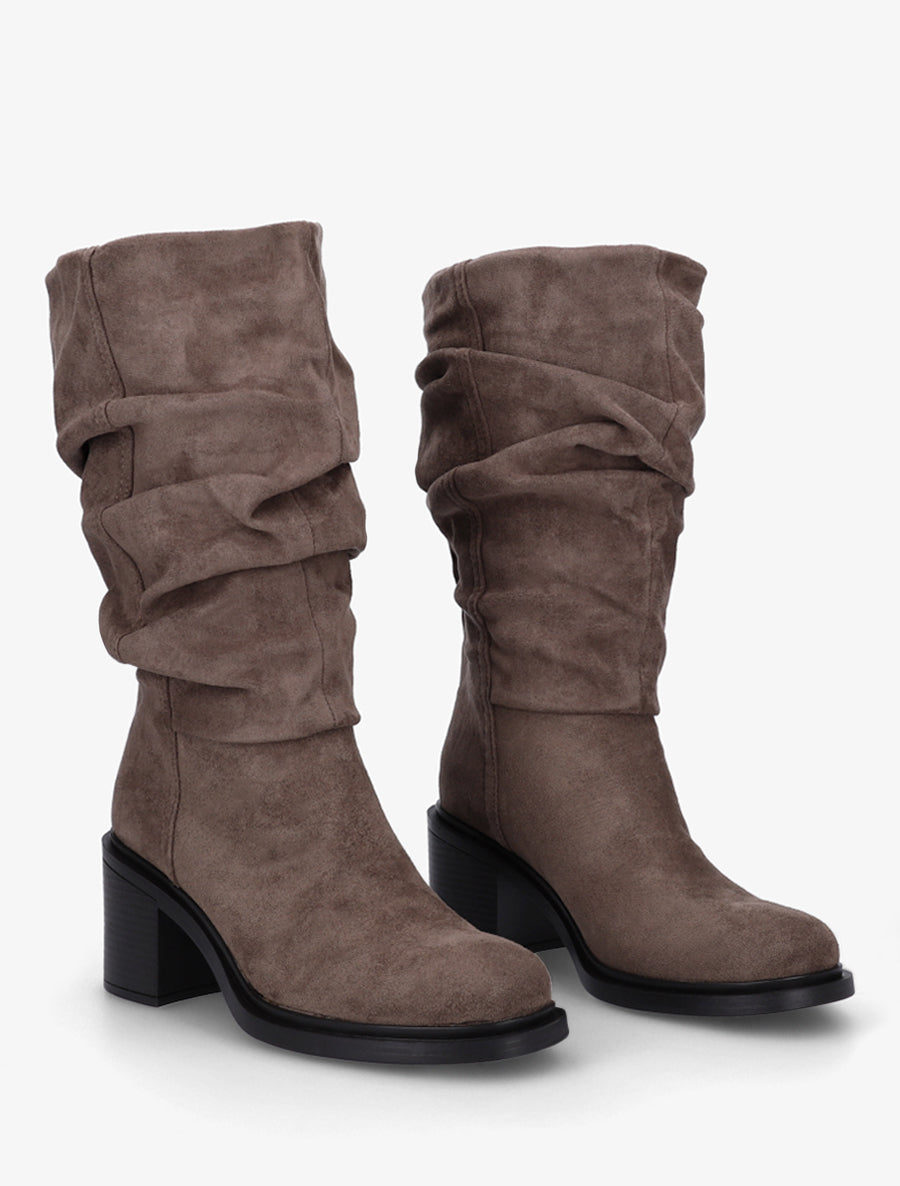 Bottes mi-mollet en suédine effet froncé - Taupe - 4